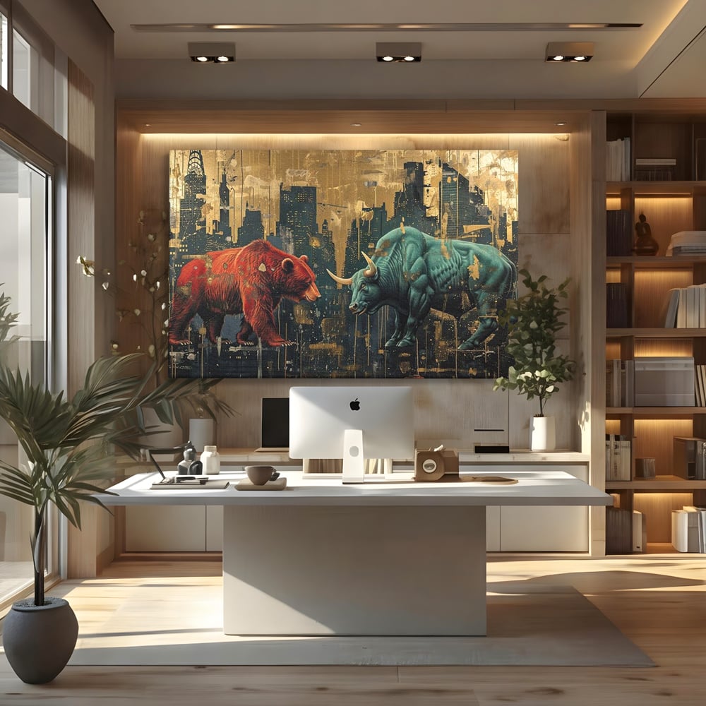 Leinwand Premium Canvas Wandbilder, LuxCanva® M1004, Kampf der Titanen der Stadt, Stier, Macht, Bär, Stadt, Konflikt, Stadt, Grafik, Metropole, Büro, Wohnen, Kinderzimmer