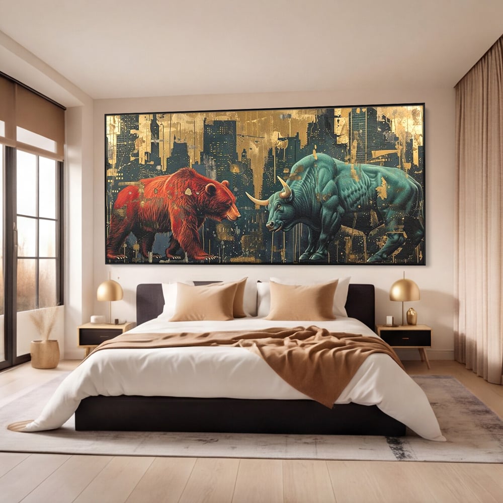 Leinwand Premium Canvas Wandbilder, LuxCanva® M1004, Kampf der Titanen der Stadt, Stier, Macht, Bär, Stadt, Konflikt, Stadt, Grafik, Metropole, Büro, Wohnen, Kinderzimmer
