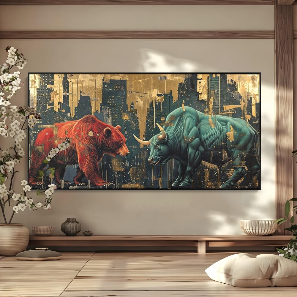 Leinwand Premium Canvas Wandbilder, LuxCanva® M1004, Kampf der Titanen der Stadt, Stier, Macht, Bär, Stadt, Konflikt, Stadt, Grafik, Metropole, Büro, Wohnen, Kinderzimmer