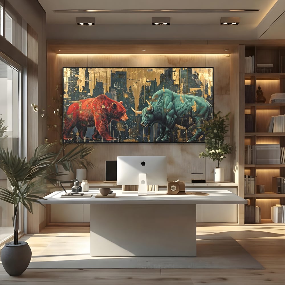 Leinwand Premium Canvas Wandbilder, LuxCanva® M1004, Kampf der Titanen der Stadt, Stier, Macht, Bär, Stadt, Konflikt, Stadt, Grafik, Metropole, Büro, Wohnen, Kinderzimmer
