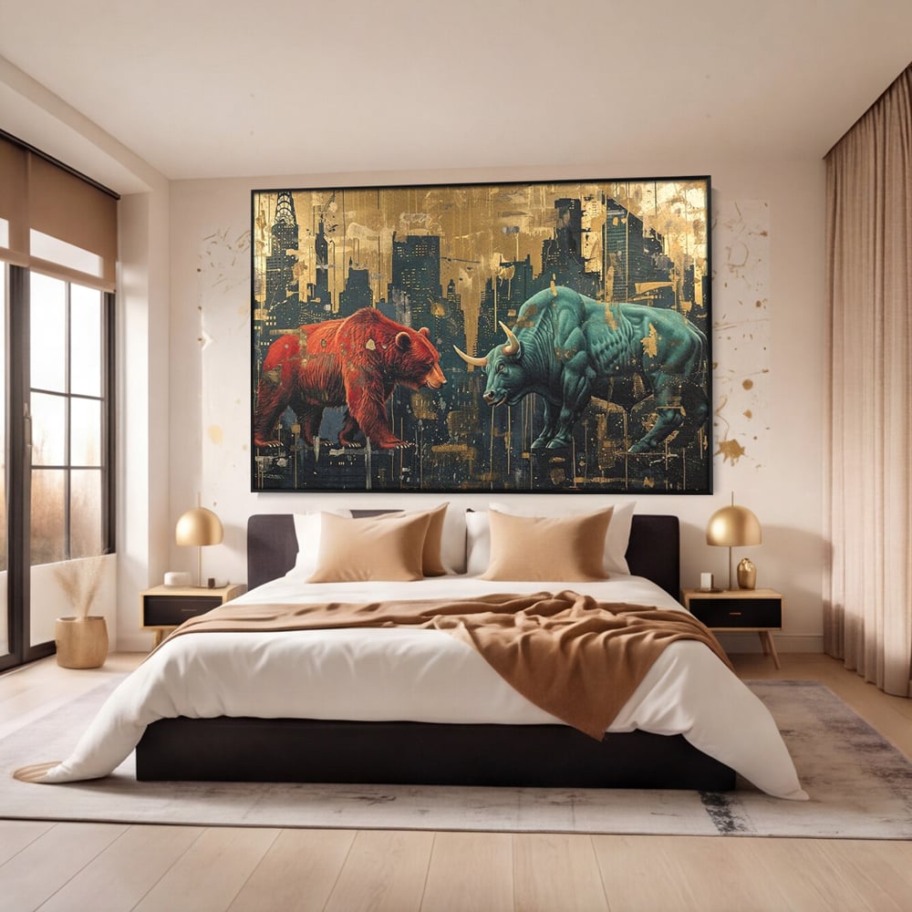 Leinwand Premium Canvas Wandbilder, LuxCanva® M1004, Kampf der Titanen der Stadt, Stier, Macht, Bär, Stadt, Konflikt, Stadt, Grafik, Metropole, Büro, Wohnen, Kinderzimmer