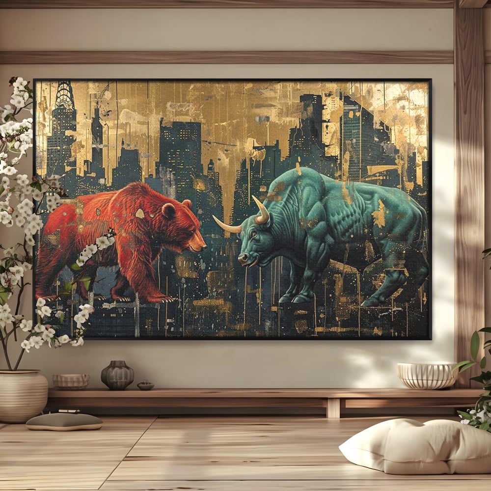 Leinwand Premium Canvas Wandbilder, LuxCanva® M1004, Kampf der Titanen der Stadt, Stier, Macht, Bär, Stadt, Konflikt, Stadt, Grafik, Metropole, Büro, Wohnen, Kinderzimmer