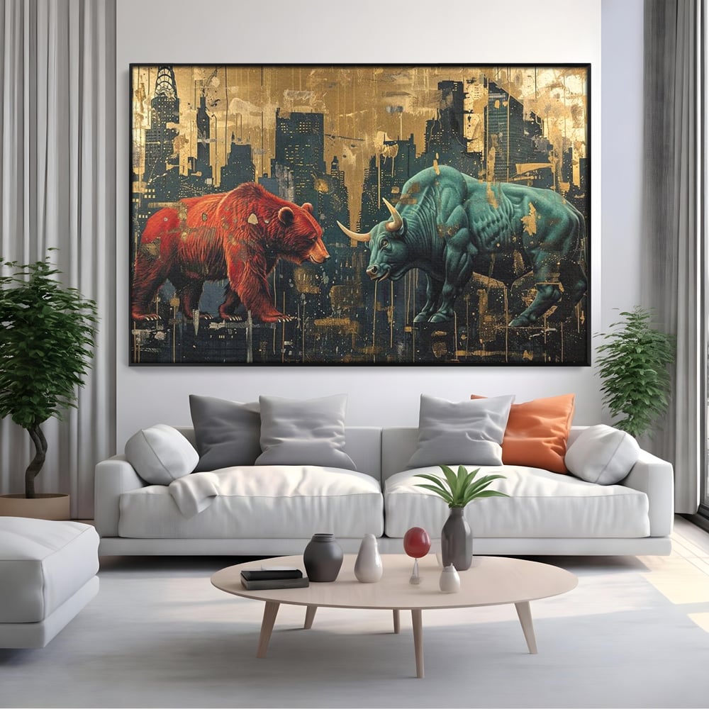 Leinwand Premium Canvas Wandbilder, LuxCanva® M1004, Kampf der Titanen der Stadt, Stier, Macht, Bär, Stadt, Konflikt, Stadt, Grafik, Metropole, Büro, Wohnen, Kinderzimmer