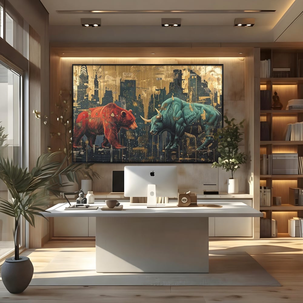 Leinwand Premium Canvas Wandbilder, LuxCanva® M1004, Kampf der Titanen der Stadt, Stier, Macht, Bär, Stadt, Konflikt, Stadt, Grafik, Metropole, Büro, Wohnen, Kinderzimmer