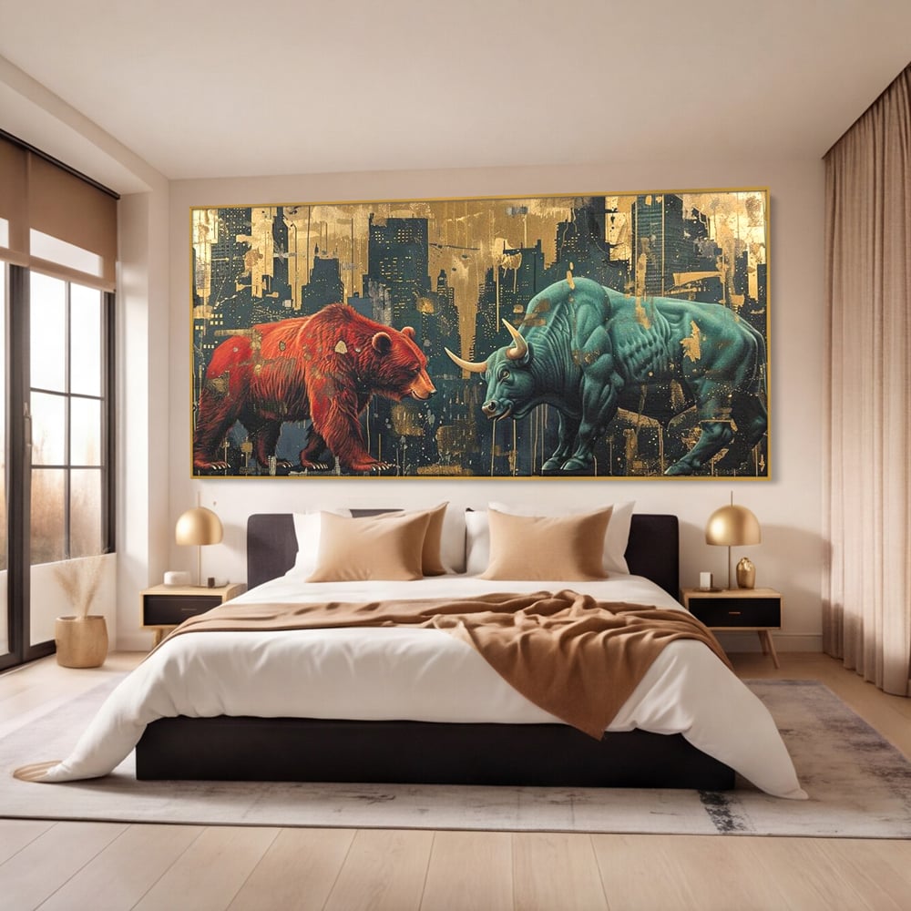Leinwand Premium Canvas Wandbilder, LuxCanva® M1004, Kampf der Titanen der Stadt, Stier, Macht, Bär, Stadt, Konflikt, Stadt, Grafik, Metropole, Büro, Wohnen, Kinderzimmer