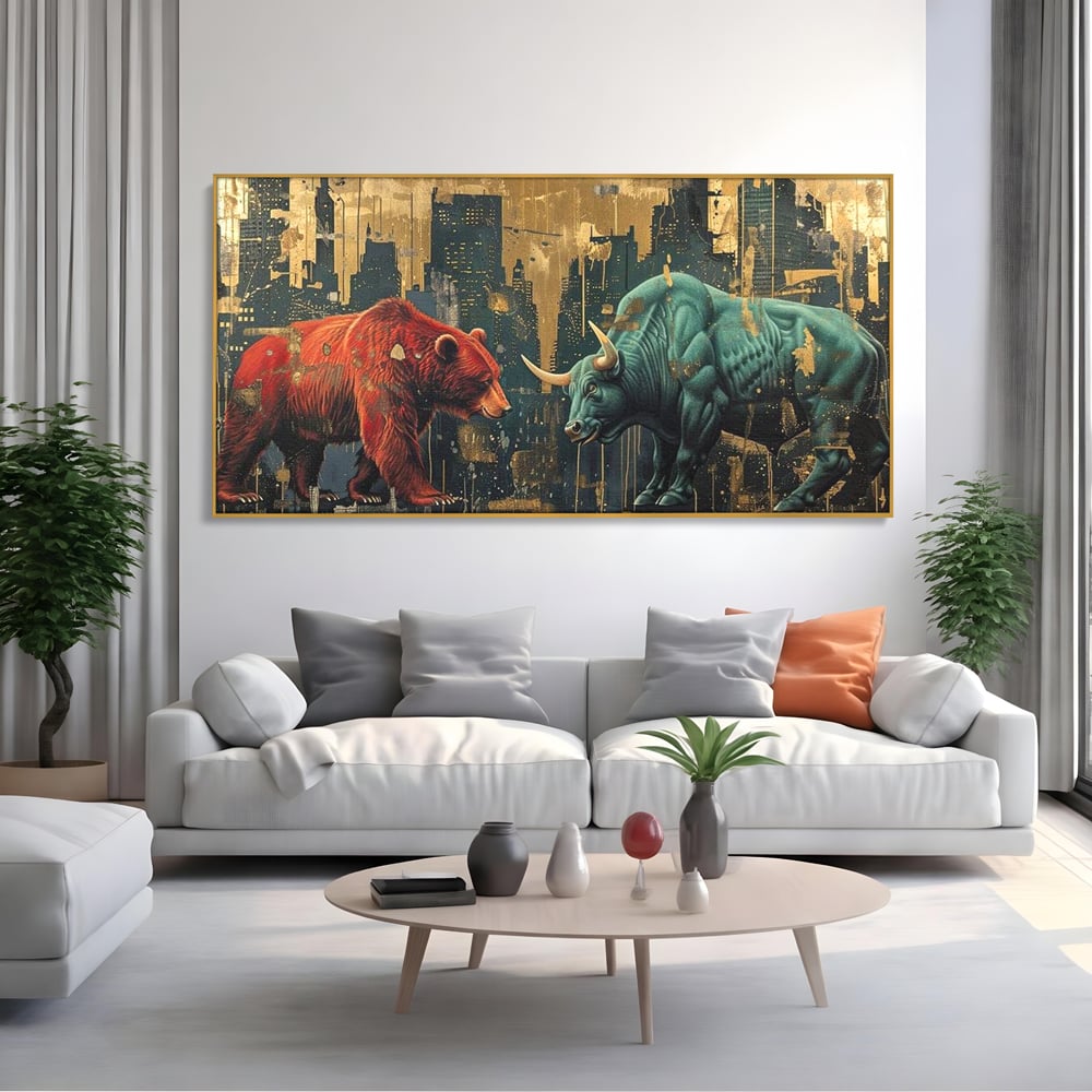 Leinwand Premium Canvas Wandbilder, LuxCanva® M1004, Kampf der Titanen der Stadt, Stier, Macht, Bär, Stadt, Konflikt, Stadt, Grafik, Metropole, Büro, Wohnen, Kinderzimmer
