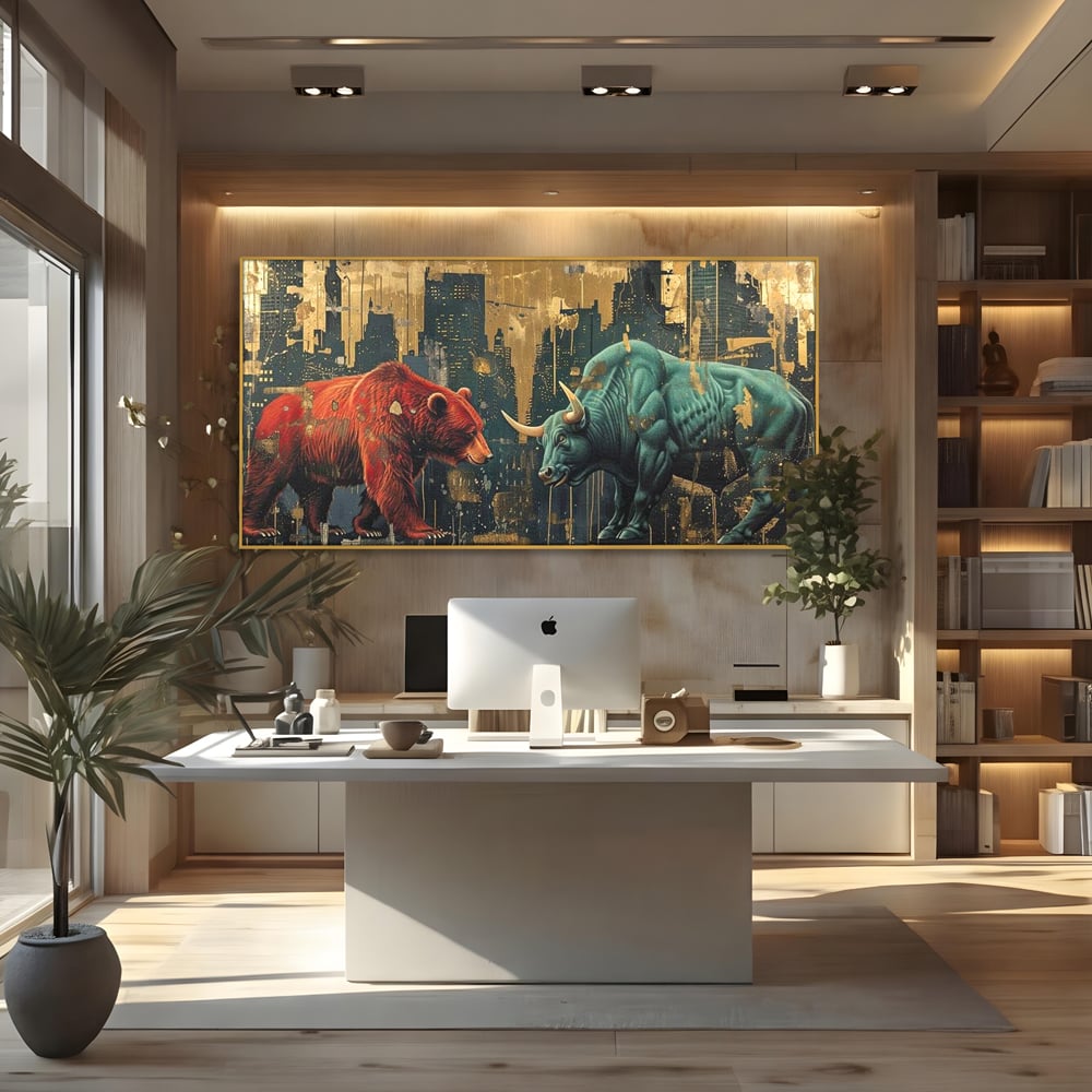 Leinwand Premium Canvas Wandbilder, LuxCanva® M1004, Kampf der Titanen der Stadt, Stier, Macht, Bär, Stadt, Konflikt, Stadt, Grafik, Metropole, Büro, Wohnen, Kinderzimmer