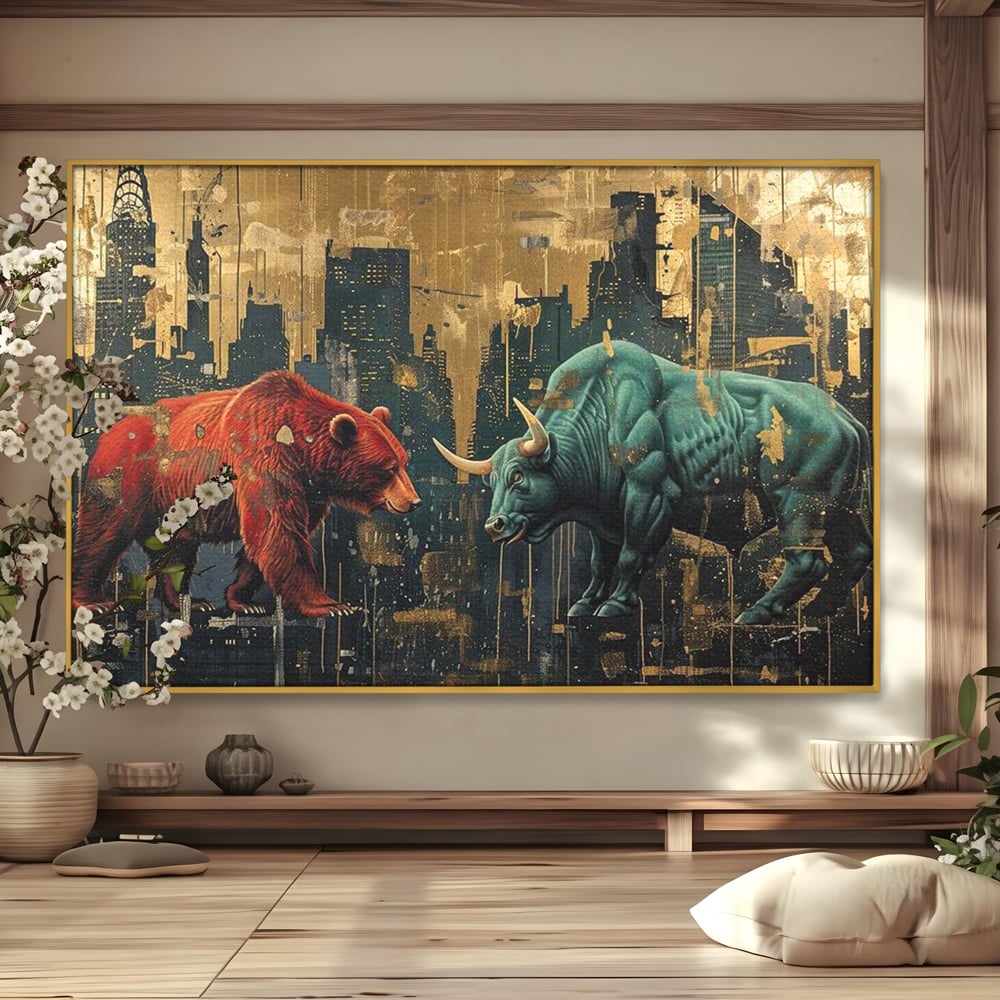 Leinwand Premium Canvas Wandbilder, LuxCanva® M1004, Kampf der Titanen der Stadt, Stier, Macht, Bär, Stadt, Konflikt, Stadt, Grafik, Metropole, Büro, Wohnen, Kinderzimmer