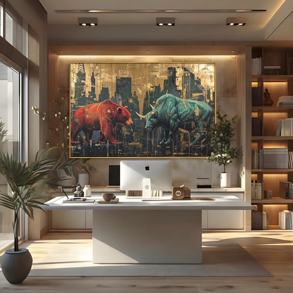 Leinwand Premium Canvas Wandbilder, LuxCanva® M1004, Kampf der Titanen der Stadt, Stier, Macht, Bär, Stadt, Konflikt, Stadt, Grafik, Metropole, Büro, Wohnen, Kinderzimmer