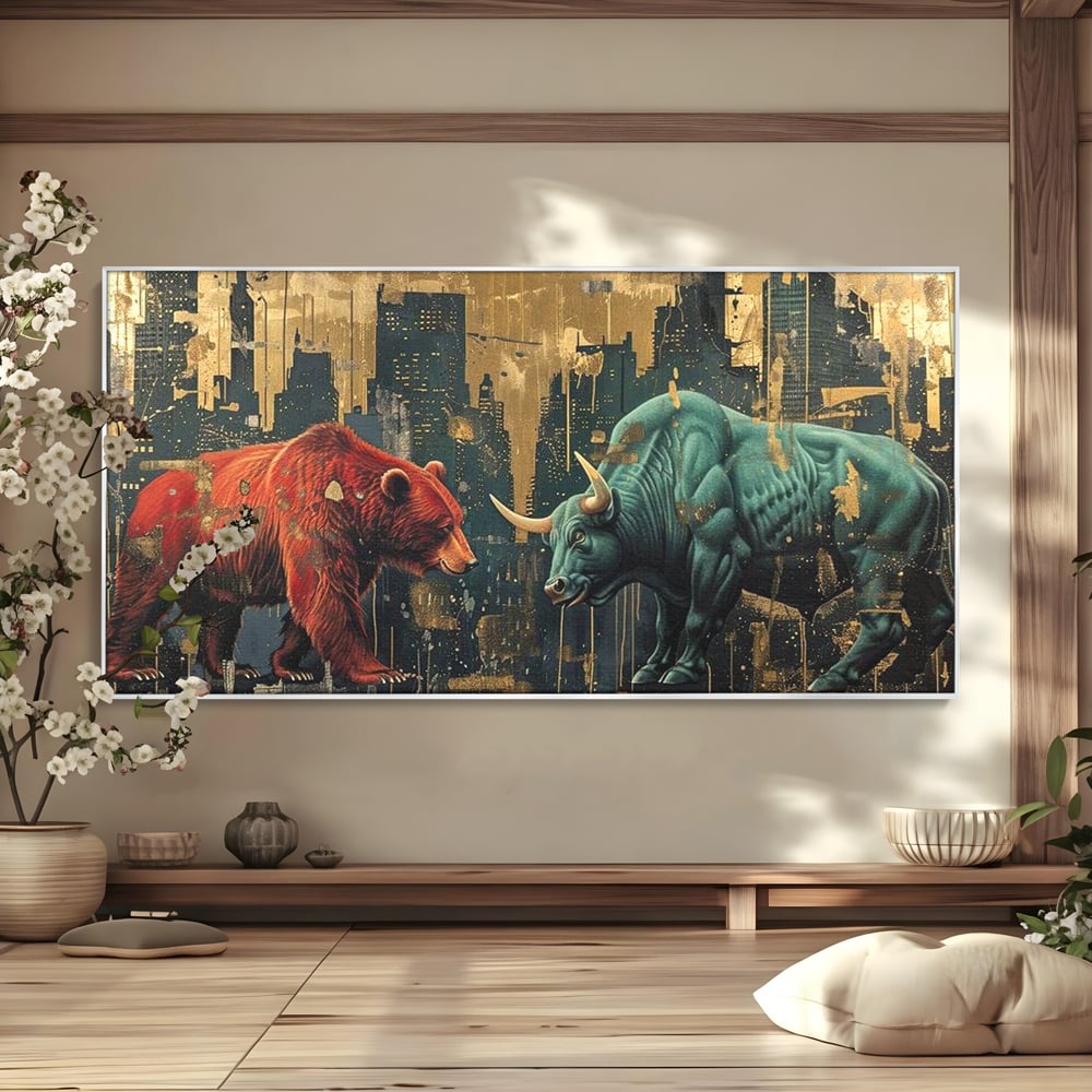 Leinwand Premium Canvas Wandbilder, LuxCanva® M1004, Kampf der Titanen der Stadt, Stier, Macht, Bär, Stadt, Konflikt, Stadt, Grafik, Metropole, Büro, Wohnen, Kinderzimmer