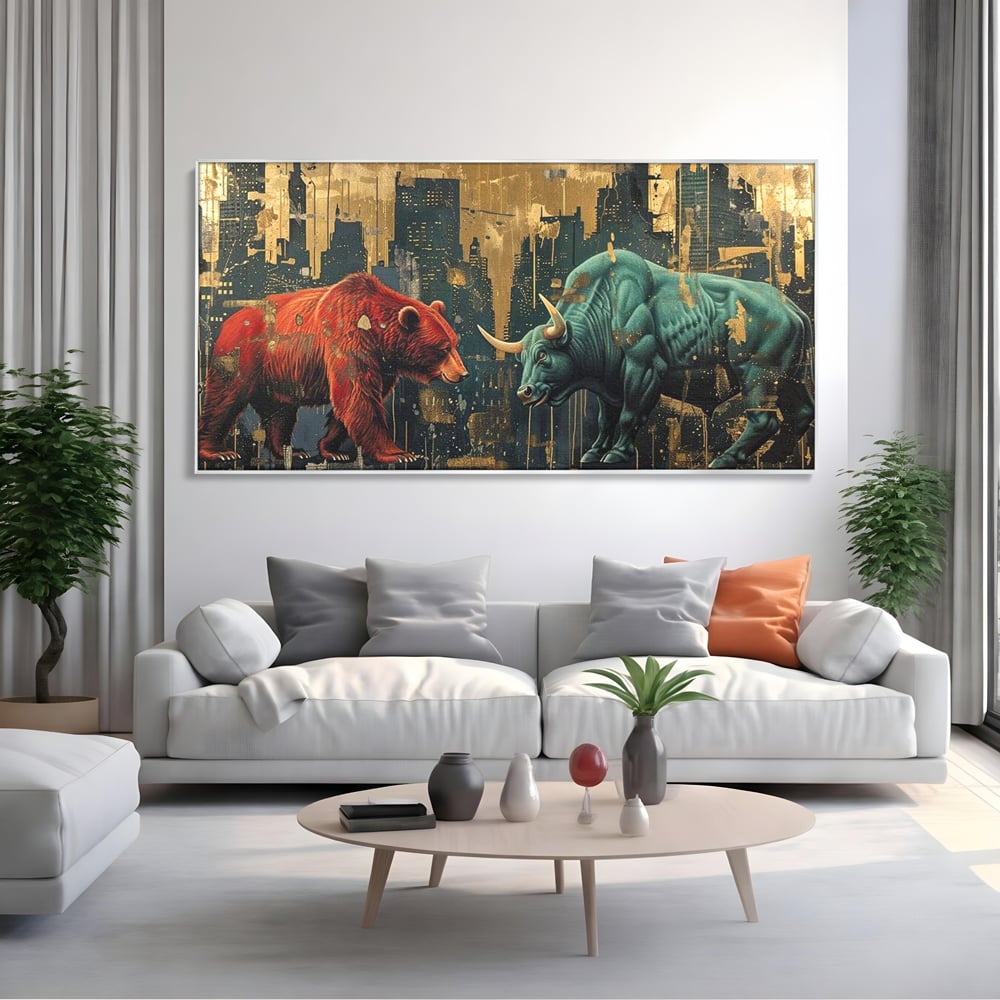 Leinwand Premium Canvas Wandbilder, LuxCanva® M1004, Kampf der Titanen der Stadt, Stier, Macht, Bär, Stadt, Konflikt, Stadt, Grafik, Metropole, Büro, Wohnen, Kinderzimmer