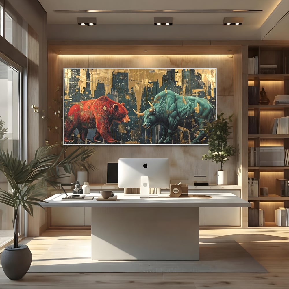 Leinwand Premium Canvas Wandbilder, LuxCanva® M1004, Kampf der Titanen der Stadt, Stier, Macht, Bär, Stadt, Konflikt, Stadt, Grafik, Metropole, Büro, Wohnen, Kinderzimmer