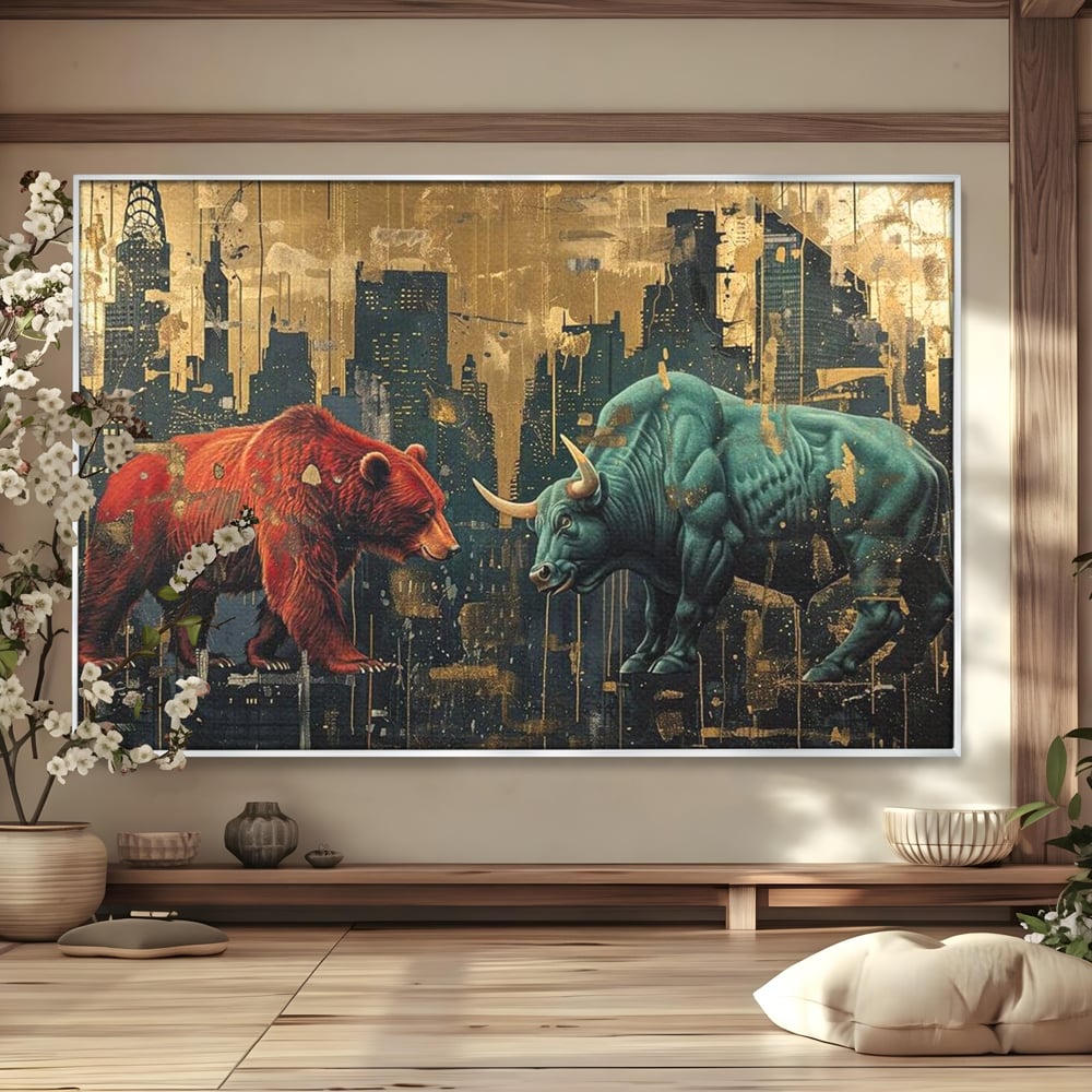 Leinwand Premium Canvas Wandbilder, LuxCanva® M1004, Kampf der Titanen der Stadt, Stier, Macht, Bär, Stadt, Konflikt, Stadt, Grafik, Metropole, Büro, Wohnen, Kinderzimmer