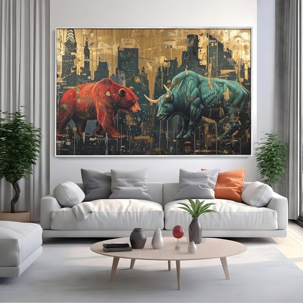 Leinwand Premium Canvas Wandbilder, LuxCanva® M1004, Kampf der Titanen der Stadt, Stier, Macht, Bär, Stadt, Konflikt, Stadt, Grafik, Metropole, Büro, Wohnen, Kinderzimmer