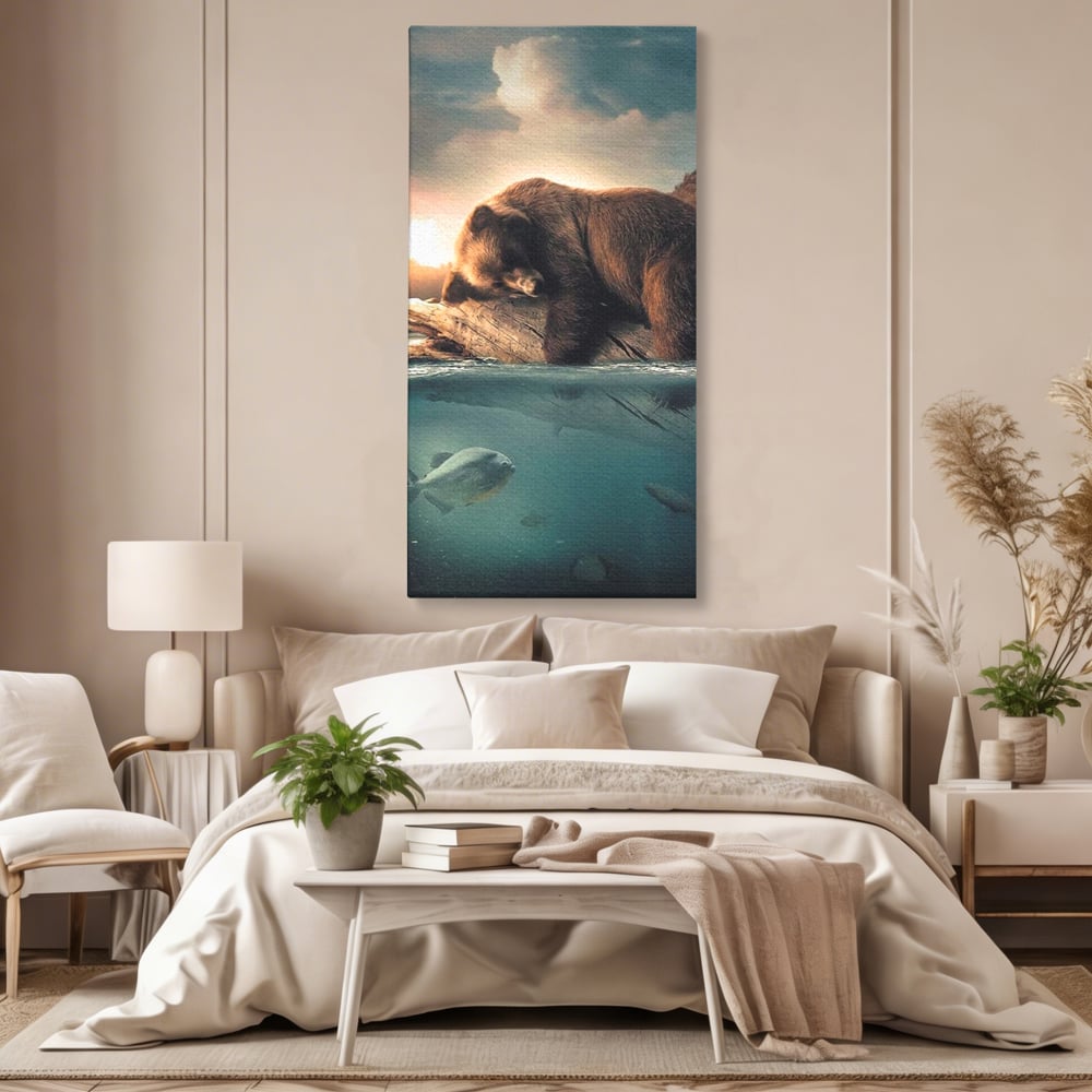 Tablou Canvas Premium, LuxCanva® M1005, Repaos pe Ape Line, Pesti, Apa, Liniste, Relaxare, Apus, Somn, Vanatoare, Urs, Natura, Birou, Living, Camera Copii