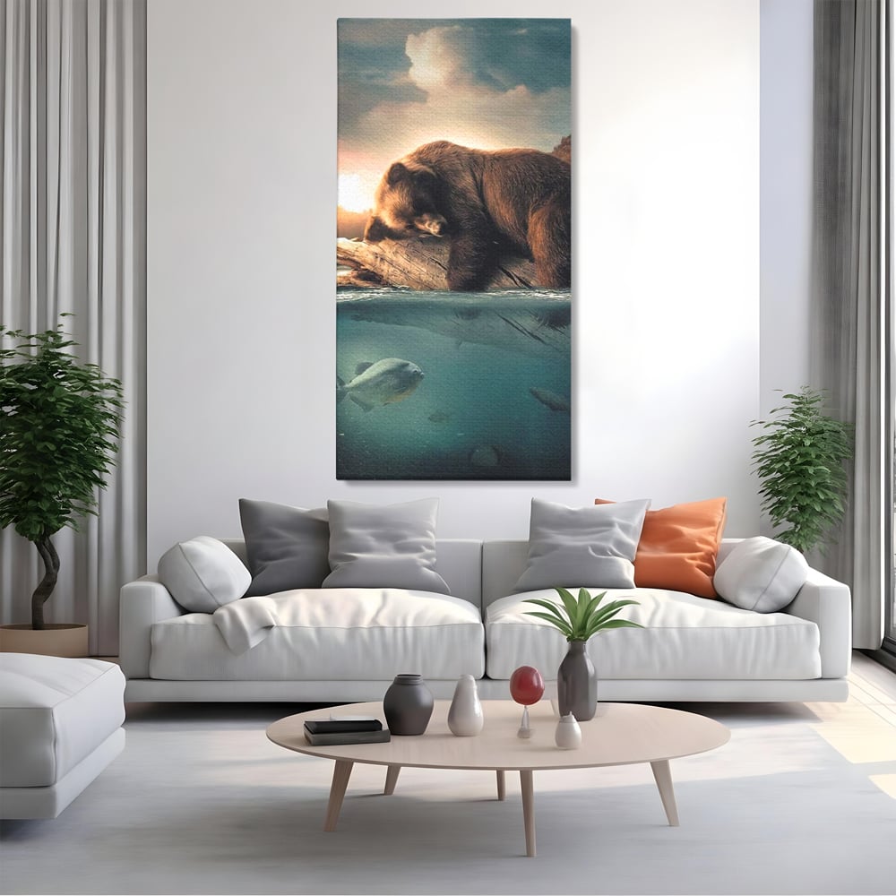 Tablou Canvas Premium, LuxCanva® M1005, Repaos pe Ape Line, Pesti, Apa, Liniste, Relaxare, Apus, Somn, Vanatoare, Urs, Natura, Birou, Living, Camera Copii