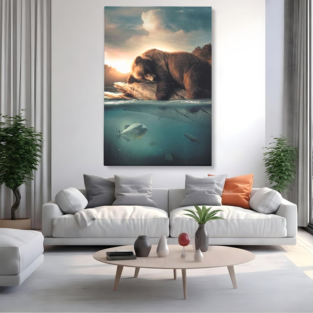 Tablou Canvas Premium, LuxCanva® M1005, Repaos pe Ape Line, Pesti, Apa, Liniste, Relaxare, Apus, Somn, Vanatoare, Urs, Natura, Birou, Living, Camera Copii