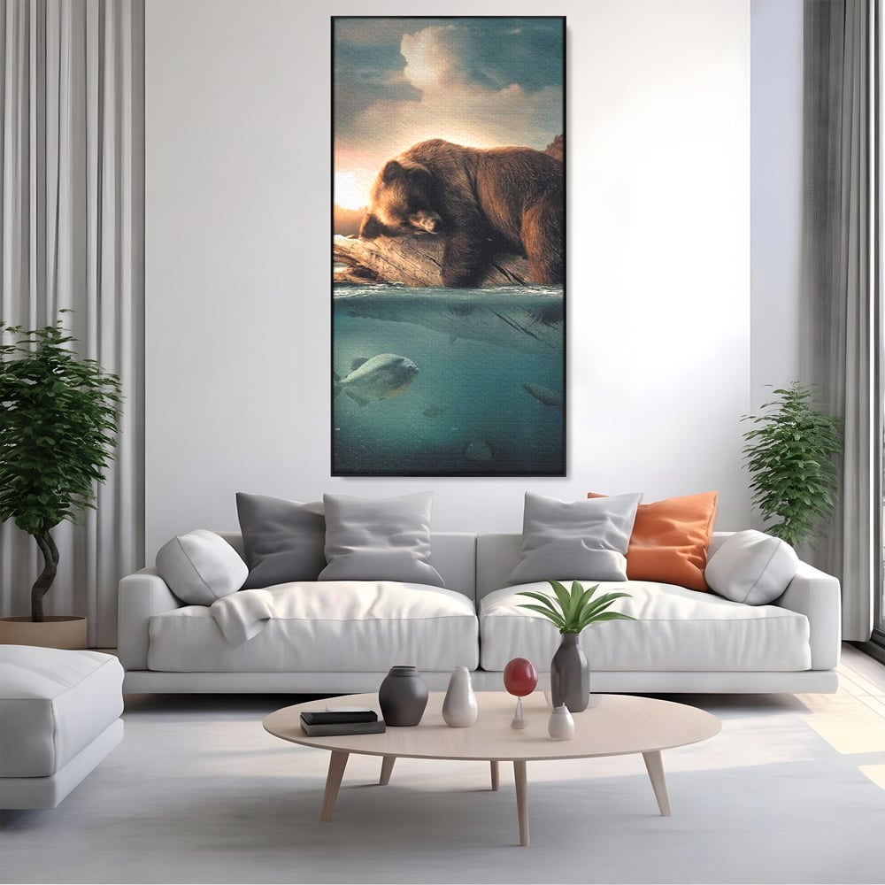 Tablou Canvas Premium, LuxCanva® M1005, Repaos pe Ape Line, Pesti, Apa, Liniste, Relaxare, Apus, Somn, Vanatoare, Urs, Natura, Birou, Living, Camera Copii