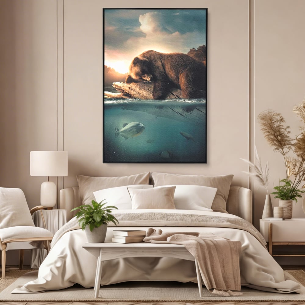 Tablou Canvas Premium, LuxCanva® M1005, Repaos pe Ape Line, Pesti, Apa, Liniste, Relaxare, Apus, Somn, Vanatoare, Urs, Natura, Birou, Living, Camera Copii