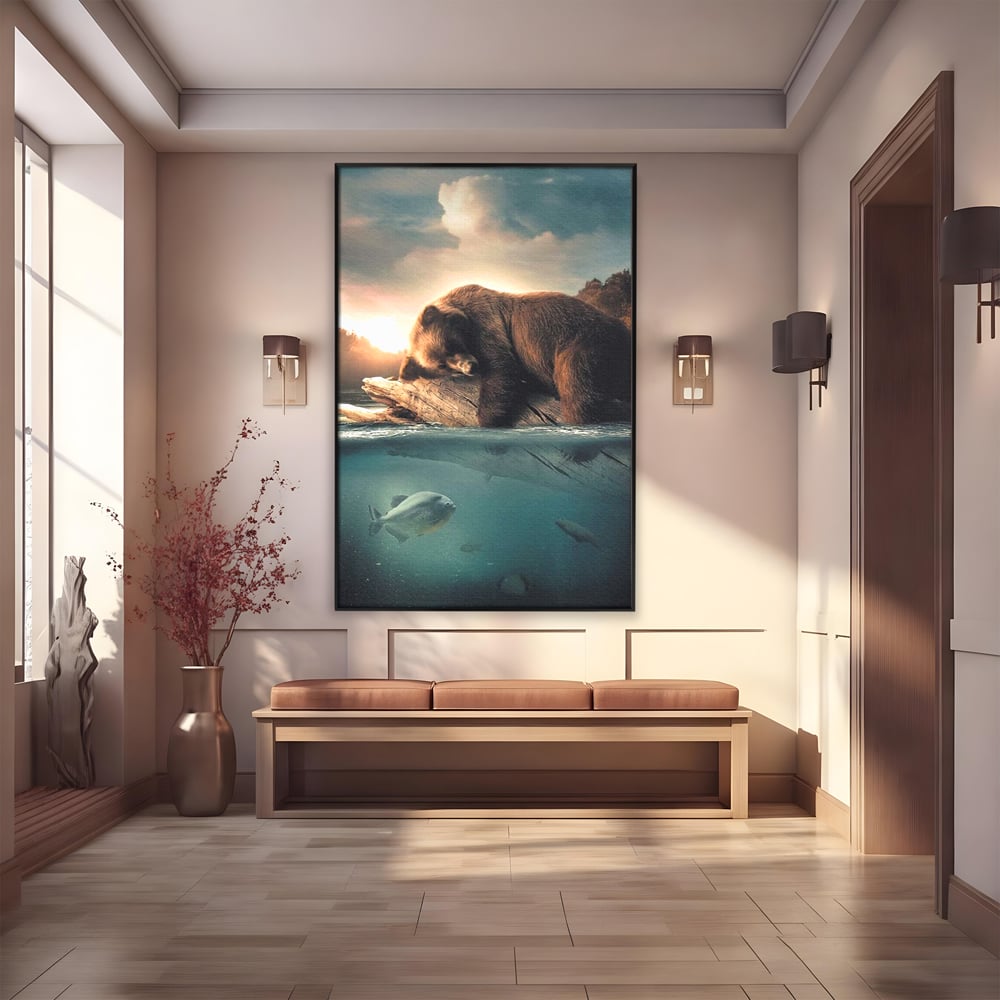 Tablou Canvas Premium, LuxCanva® M1005, Repaos pe Ape Line, Pesti, Apa, Liniste, Relaxare, Apus, Somn, Vanatoare, Urs, Natura, Birou, Living, Camera Copii