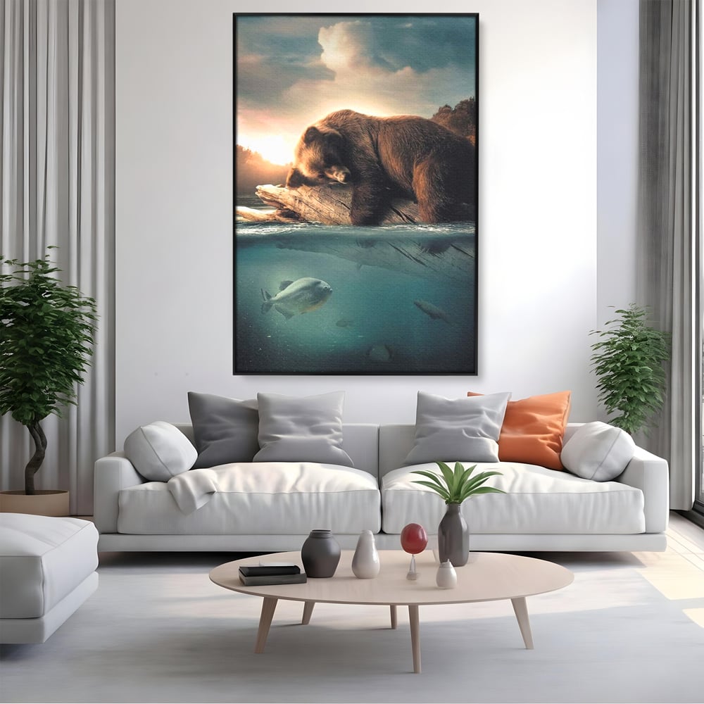 Tablou Canvas Premium, LuxCanva® M1005, Repaos pe Ape Line, Pesti, Apa, Liniste, Relaxare, Apus, Somn, Vanatoare, Urs, Natura, Birou, Living, Camera Copii