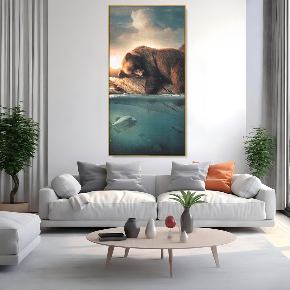 Tablou Canvas Premium, LuxCanva® M1005, Repaos pe Ape Line, Pesti, Apa, Liniste, Relaxare, Apus, Somn, Vanatoare, Urs, Natura, Birou, Living, Camera Copii
