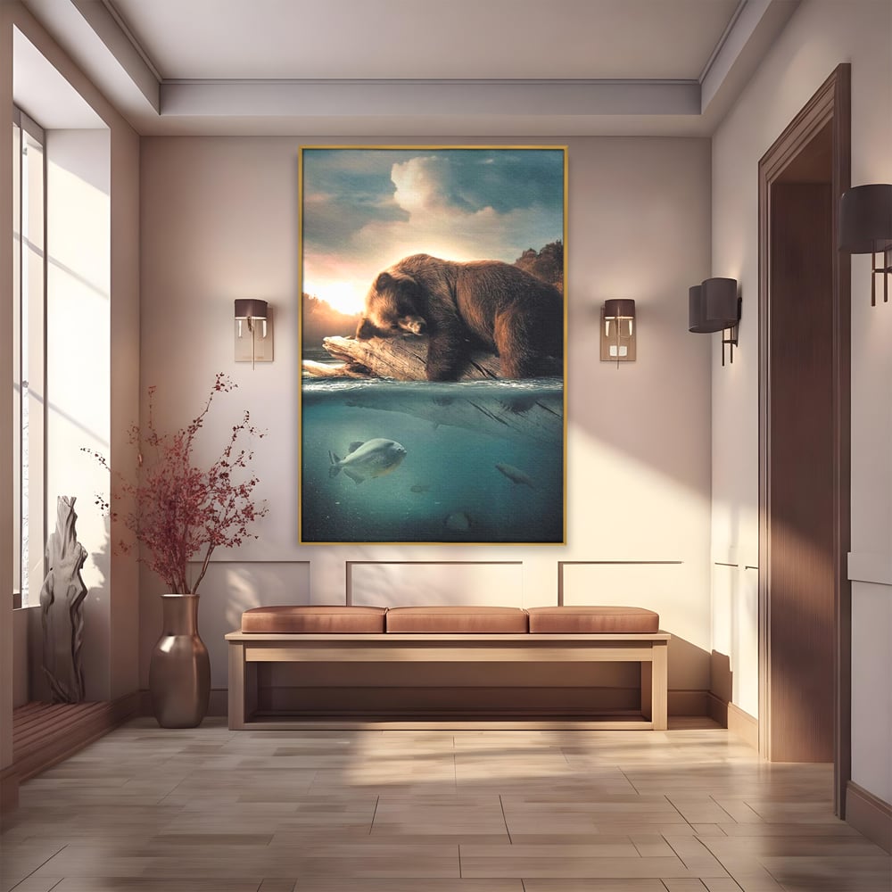 Tablou Canvas Premium, LuxCanva® M1005, Repaos pe Ape Line, Pesti, Apa, Liniste, Relaxare, Apus, Somn, Vanatoare, Urs, Natura, Birou, Living, Camera Copii