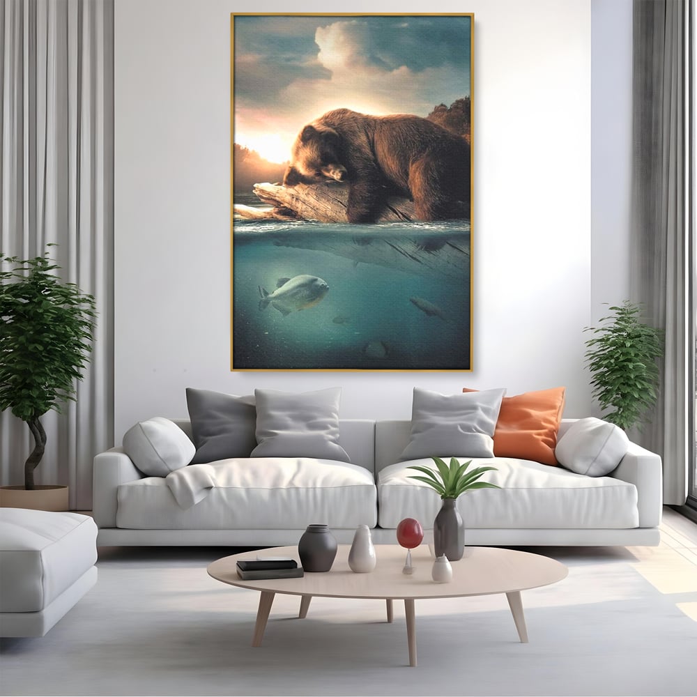 Tablou Canvas Premium, LuxCanva® M1005, Repaos pe Ape Line, Pesti, Apa, Liniste, Relaxare, Apus, Somn, Vanatoare, Urs, Natura, Birou, Living, Camera Copii