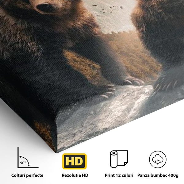 Leinwand Wandkunst Canvas Wandkunst Premium, LuxCanva® M1006, Geschwister in der Wildnis, Bären, Bären, Bär, Eiche, Felsen, Wildnis, Geschwister, Familie, Familie, Sonnenaufgang, Blätter, Büro, Wohnen, Kinderzimmer
