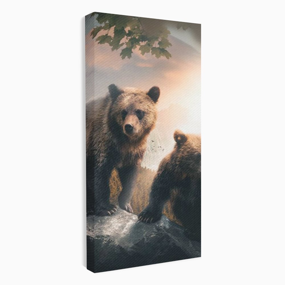 Leinwand Wandkunst Canvas Wandkunst Premium, LuxCanva® M1006, Geschwister in der Wildnis, Bären, Bären, Bär, Eiche, Felsen, Wildnis, Geschwister, Familie, Familie, Sonnenaufgang, Blätter, Büro, Wohnen, Kinderzimmer