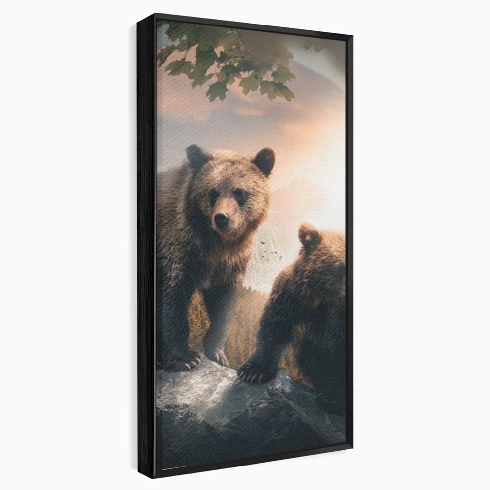 Leinwand Wandkunst Canvas Wandkunst Premium, LuxCanva® M1006, Geschwister in der Wildnis, Bären, Bären, Bär, Eiche, Felsen, Wildnis, Geschwister, Familie, Familie, Sonnenaufgang, Blätter, Büro, Wohnen, Kinderzimmer