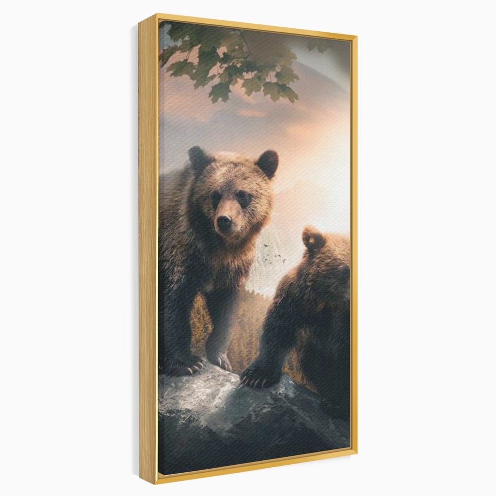 Leinwand Wandkunst Canvas Wandkunst Premium, LuxCanva® M1006, Geschwister in der Wildnis, Bären, Bären, Bär, Eiche, Felsen, Wildnis, Geschwister, Familie, Familie, Sonnenaufgang, Blätter, Büro, Wohnen, Kinderzimmer