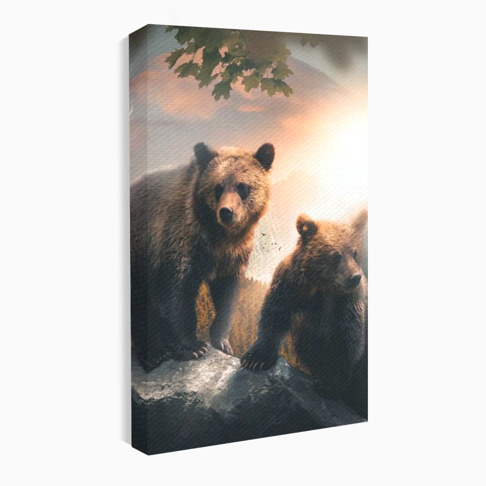 Leinwand Wandkunst Canvas Wandkunst Premium, LuxCanva® M1006, Geschwister in der Wildnis, Bären, Bären, Bär, Eiche, Felsen, Wildnis, Geschwister, Familie, Familie, Sonnenaufgang, Blätter, Büro, Wohnen, Kinderzimmer