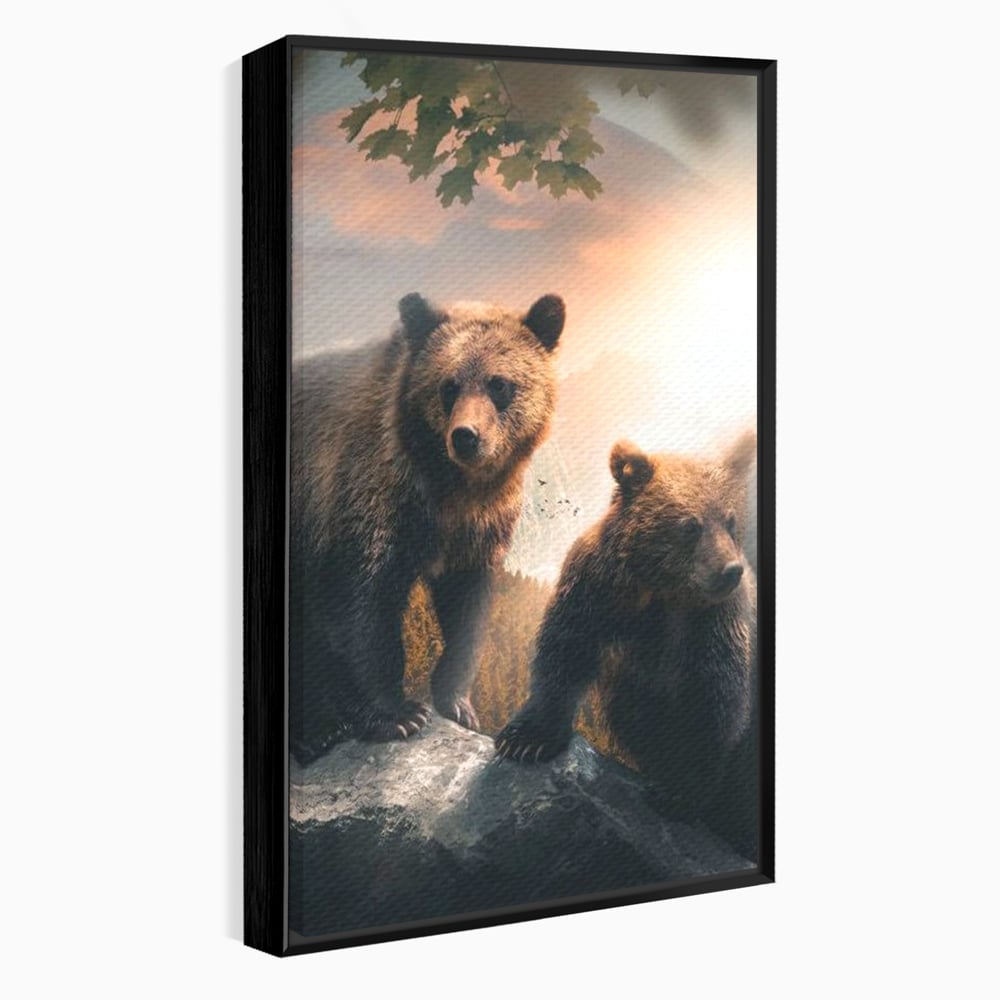 Leinwand Wandkunst Canvas Wandkunst Premium, LuxCanva® M1006, Geschwister in der Wildnis, Bären, Bären, Bär, Eiche, Felsen, Wildnis, Geschwister, Familie, Familie, Sonnenaufgang, Blätter, Büro, Wohnen, Kinderzimmer