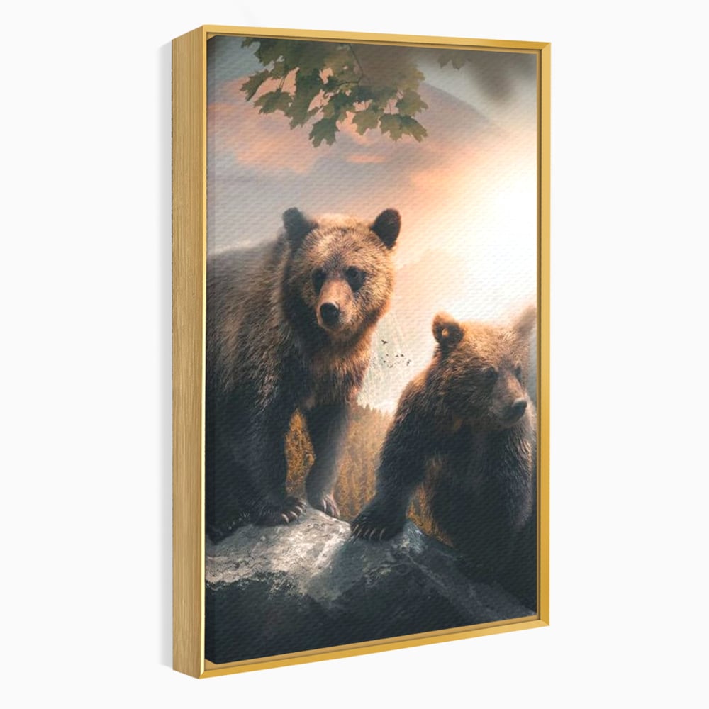 Leinwand Wandkunst Canvas Wandkunst Premium, LuxCanva® M1006, Geschwister in der Wildnis, Bären, Bären, Bär, Eiche, Felsen, Wildnis, Geschwister, Familie, Familie, Sonnenaufgang, Blätter, Büro, Wohnen, Kinderzimmer