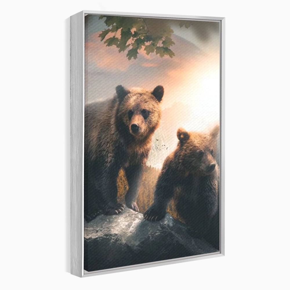 Leinwand Wandkunst Canvas Wandkunst Premium, LuxCanva® M1006, Geschwister in der Wildnis, Bären, Bären, Bär, Eiche, Felsen, Wildnis, Geschwister, Familie, Familie, Sonnenaufgang, Blätter, Büro, Wohnen, Kinderzimmer