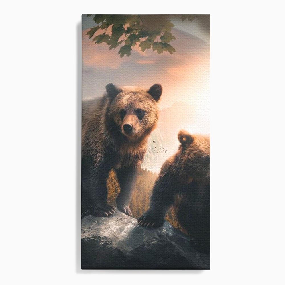 Leinwand Wandkunst Canvas Wandkunst Premium, LuxCanva® M1006, Geschwister in der Wildnis, Bären, Bären, Bär, Eiche, Felsen, Wildnis, Geschwister, Familie, Familie, Sonnenaufgang, Blätter, Büro, Wohnen, Kinderzimmer