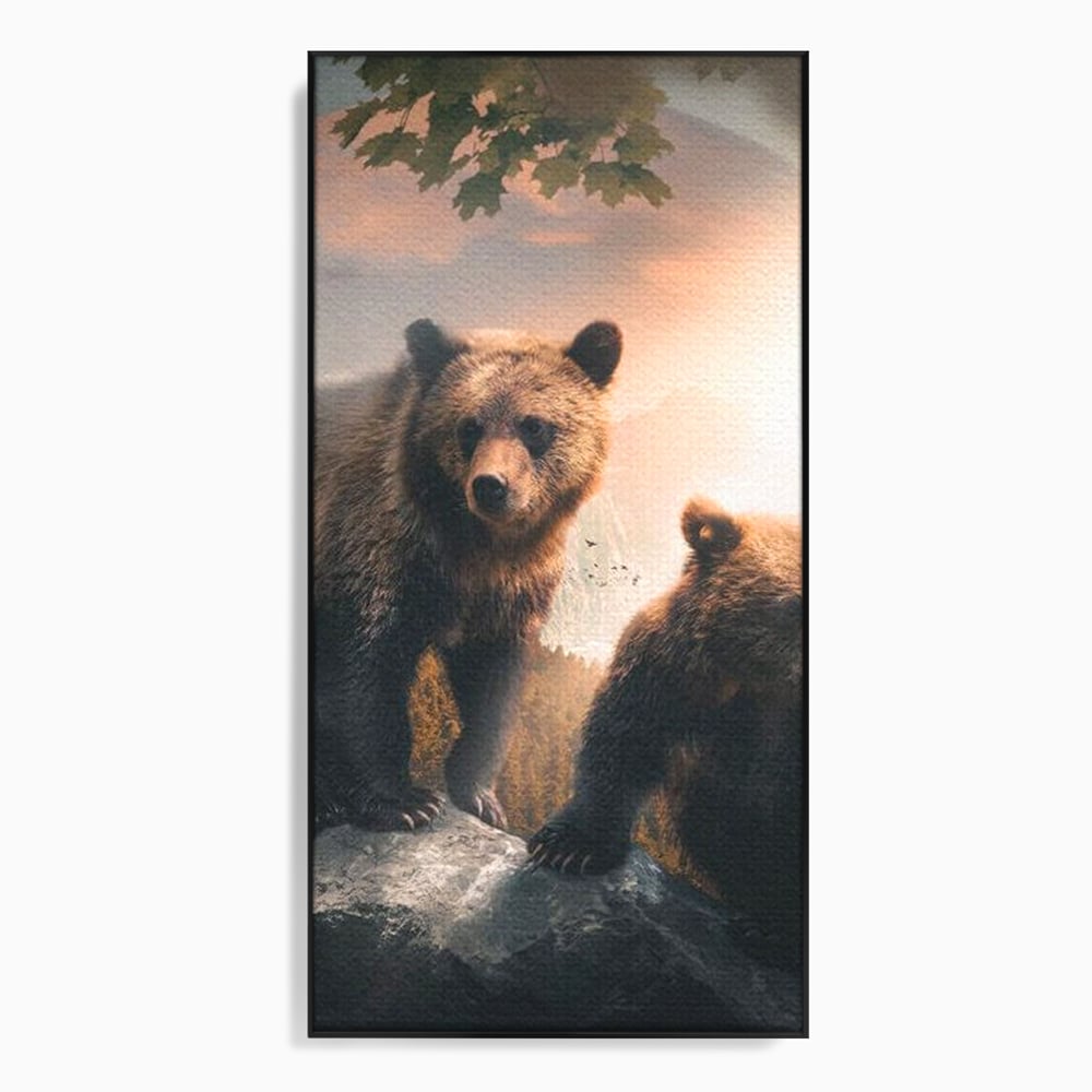 Leinwand Wandkunst Canvas Wandkunst Premium, LuxCanva® M1006, Geschwister in der Wildnis, Bären, Bären, Bär, Eiche, Felsen, Wildnis, Geschwister, Familie, Familie, Sonnenaufgang, Blätter, Büro, Wohnen, Kinderzimmer