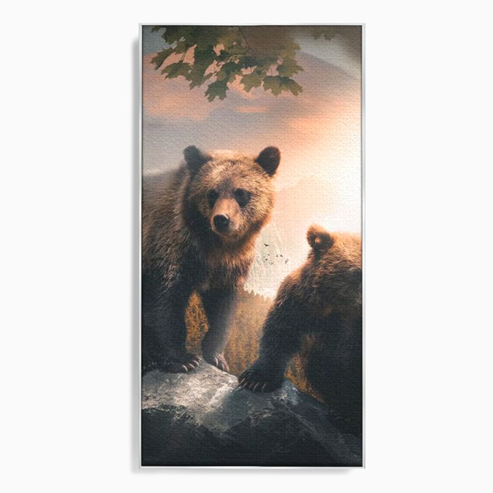 Leinwand Wandkunst Canvas Wandkunst Premium, LuxCanva® M1006, Geschwister in der Wildnis, Bären, Bären, Bär, Eiche, Felsen, Wildnis, Geschwister, Familie, Familie, Sonnenaufgang, Blätter, Büro, Wohnen, Kinderzimmer