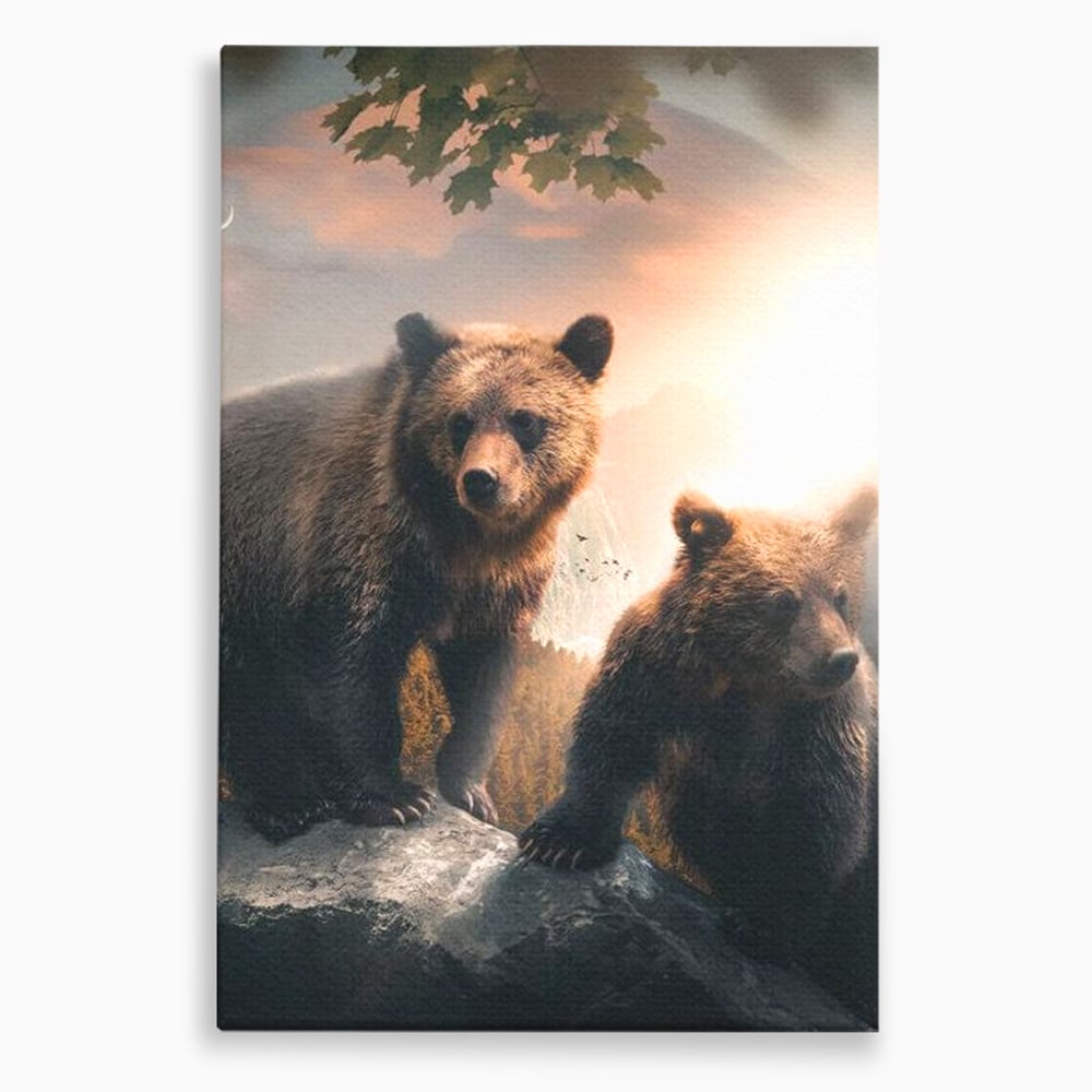 Leinwand Wandkunst Canvas Wandkunst Premium, LuxCanva® M1006, Geschwister in der Wildnis, Bären, Bären, Bär, Eiche, Felsen, Wildnis, Geschwister, Familie, Familie, Sonnenaufgang, Blätter, Büro, Wohnen, Kinderzimmer