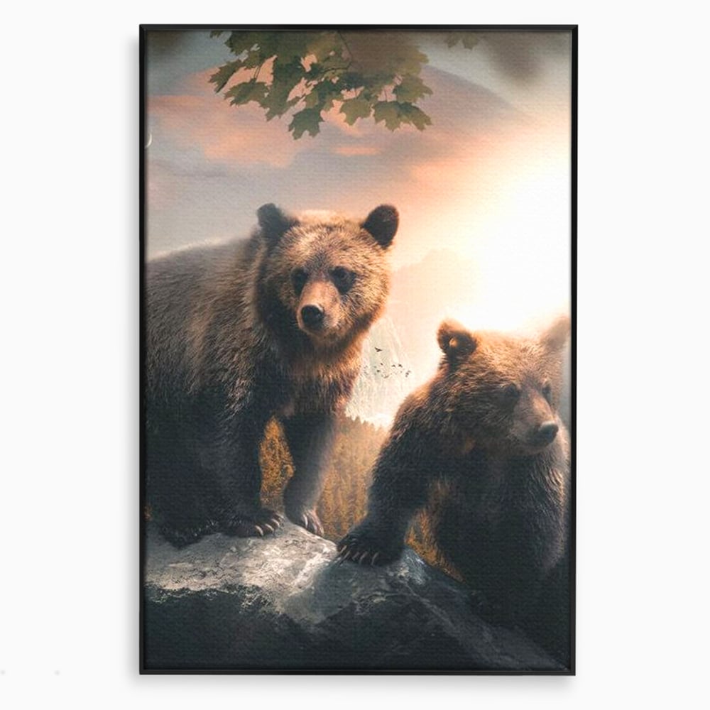 Leinwand Wandkunst Canvas Wandkunst Premium, LuxCanva® M1006, Geschwister in der Wildnis, Bären, Bären, Bär, Eiche, Felsen, Wildnis, Geschwister, Familie, Familie, Sonnenaufgang, Blätter, Büro, Wohnen, Kinderzimmer