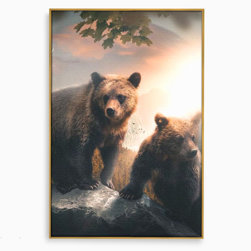 Leinwand Wandkunst Canvas Wandkunst Premium, LuxCanva® M1006, Geschwister in der Wildnis, Bären, Bären, Bär, Eiche, Felsen, Wildnis, Geschwister, Familie, Familie, Sonnenaufgang, Blätter, Büro, Wohnen, Kinderzimmer