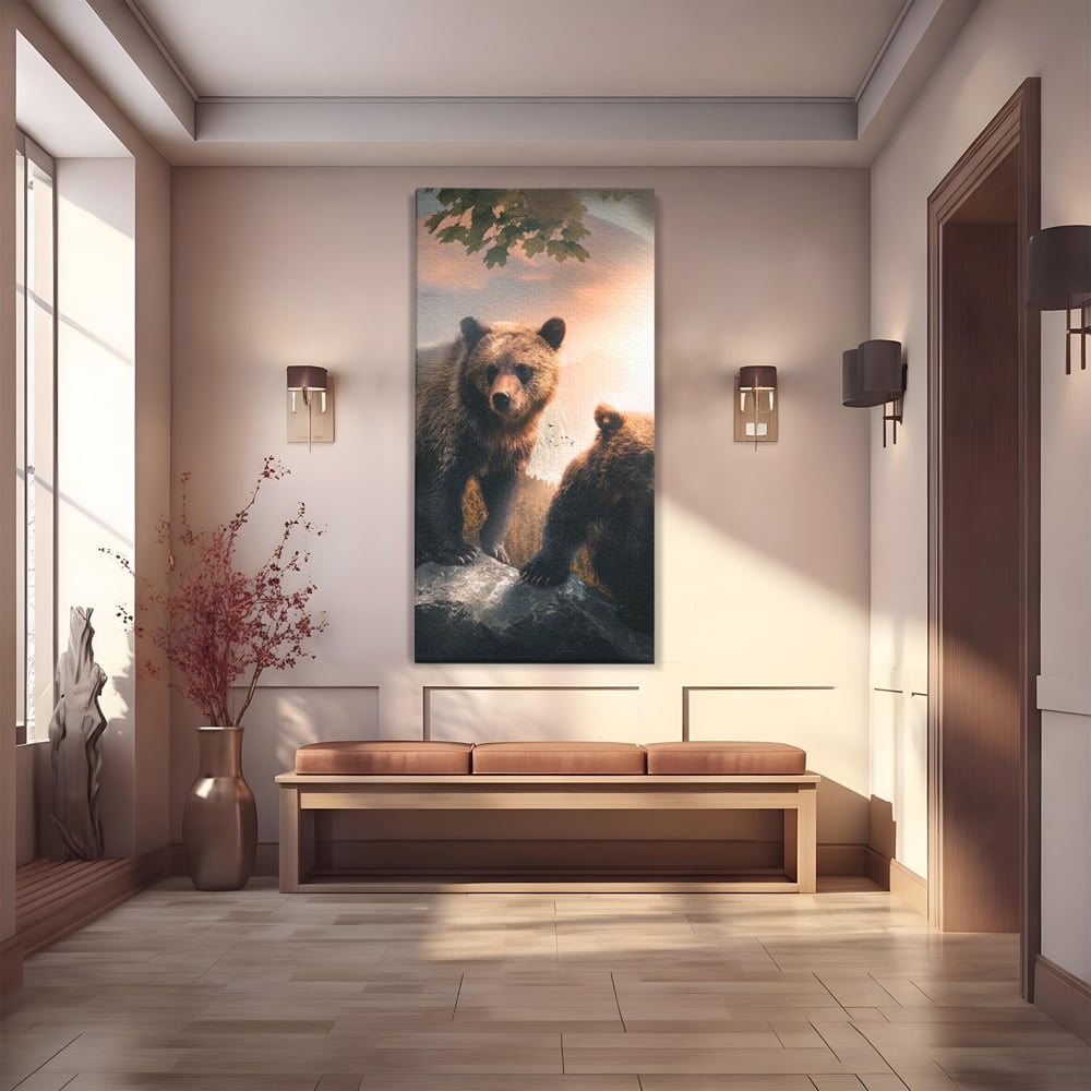 Leinwand Wandkunst Canvas Wandkunst Premium, LuxCanva® M1006, Geschwister in der Wildnis, Bären, Bären, Bär, Eiche, Felsen, Wildnis, Geschwister, Familie, Familie, Sonnenaufgang, Blätter, Büro, Wohnen, Kinderzimmer