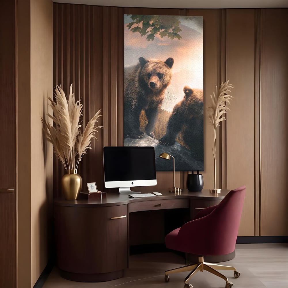 Leinwand Wandkunst Canvas Wandkunst Premium, LuxCanva® M1006, Geschwister in der Wildnis, Bären, Bären, Bär, Eiche, Felsen, Wildnis, Geschwister, Familie, Familie, Sonnenaufgang, Blätter, Büro, Wohnen, Kinderzimmer