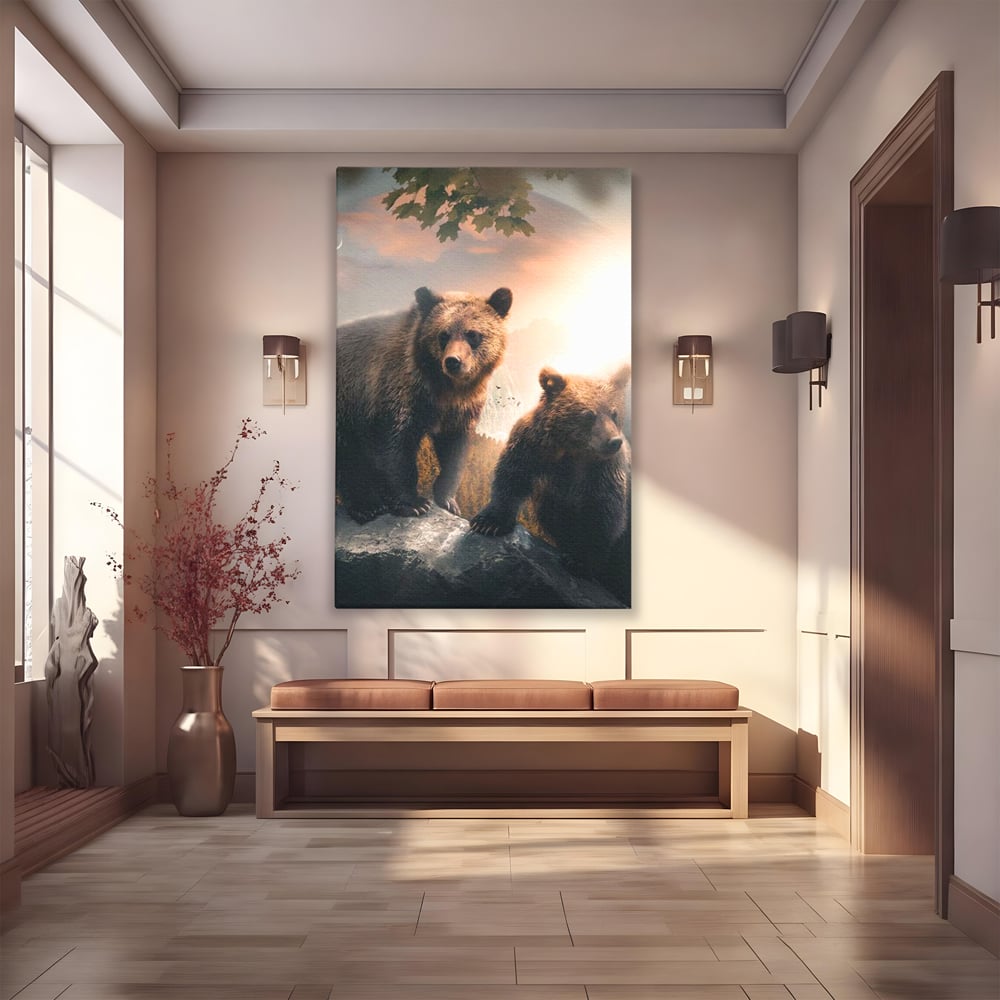 Leinwand Wandkunst Canvas Wandkunst Premium, LuxCanva® M1006, Geschwister in der Wildnis, Bären, Bären, Bär, Eiche, Felsen, Wildnis, Geschwister, Familie, Familie, Sonnenaufgang, Blätter, Büro, Wohnen, Kinderzimmer
