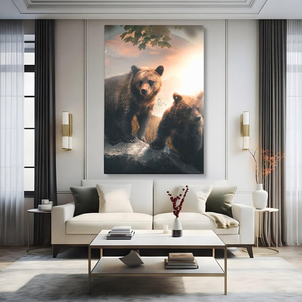 Leinwand Wandkunst Canvas Wandkunst Premium, LuxCanva® M1006, Geschwister in der Wildnis, Bären, Bären, Bär, Eiche, Felsen, Wildnis, Geschwister, Familie, Familie, Sonnenaufgang, Blätter, Büro, Wohnen, Kinderzimmer