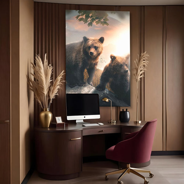 Leinwand Wandkunst Canvas Wandkunst Premium, LuxCanva® M1006, Geschwister in der Wildnis, Bären, Bären, Bär, Eiche, Felsen, Wildnis, Geschwister, Familie, Familie, Sonnenaufgang, Blätter, Büro, Wohnen, Kinderzimmer