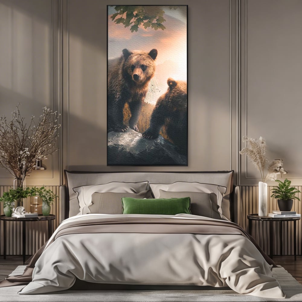 Leinwand Wandkunst Canvas Wandkunst Premium, LuxCanva® M1006, Geschwister in der Wildnis, Bären, Bären, Bär, Eiche, Felsen, Wildnis, Geschwister, Familie, Familie, Sonnenaufgang, Blätter, Büro, Wohnen, Kinderzimmer