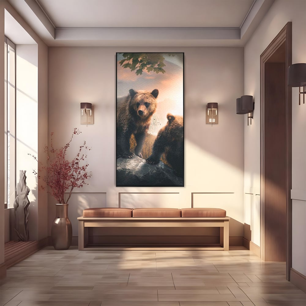 Leinwand Wandkunst Canvas Wandkunst Premium, LuxCanva® M1006, Geschwister in der Wildnis, Bären, Bären, Bär, Eiche, Felsen, Wildnis, Geschwister, Familie, Familie, Sonnenaufgang, Blätter, Büro, Wohnen, Kinderzimmer