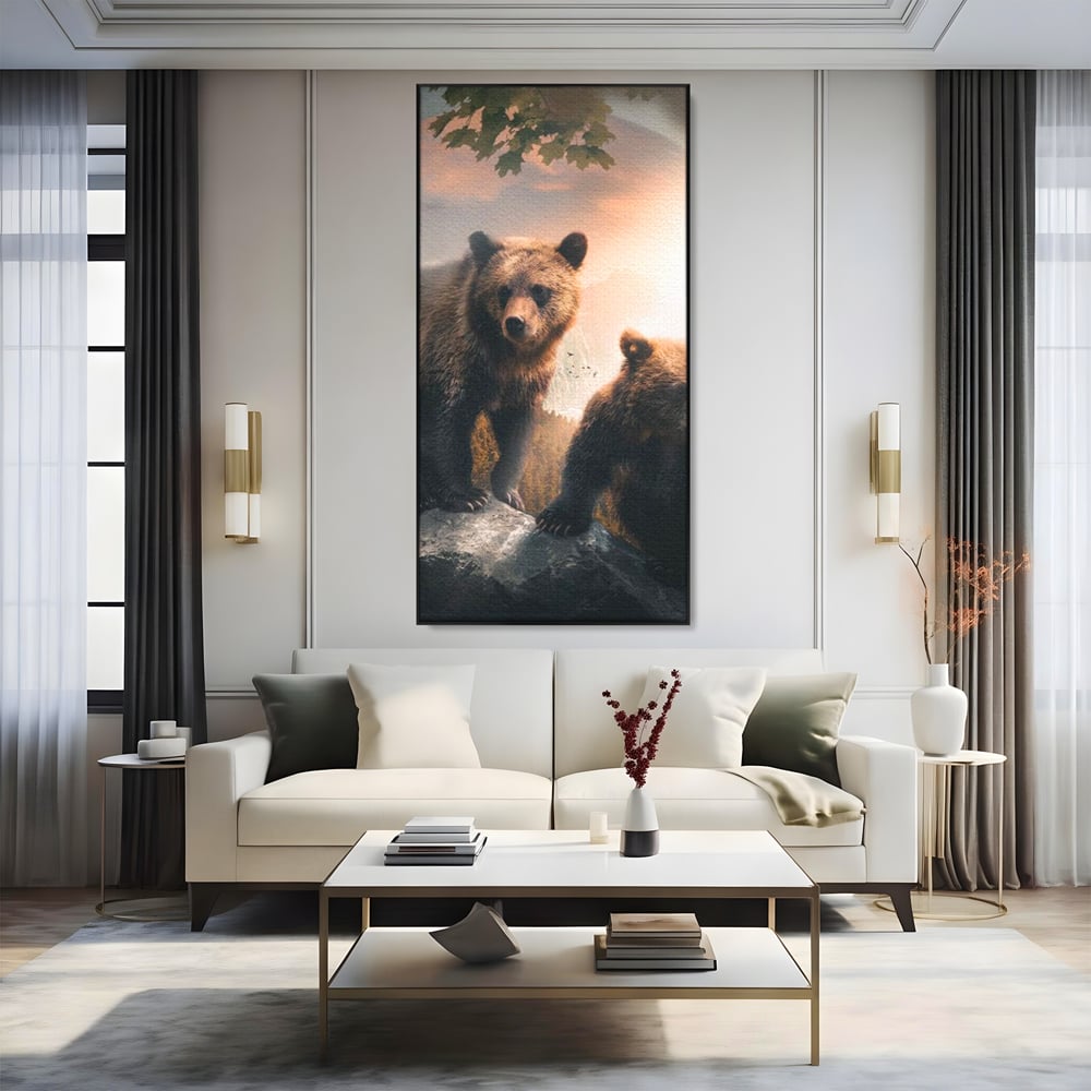 Leinwand Wandkunst Canvas Wandkunst Premium, LuxCanva® M1006, Geschwister in der Wildnis, Bären, Bären, Bär, Eiche, Felsen, Wildnis, Geschwister, Familie, Familie, Sonnenaufgang, Blätter, Büro, Wohnen, Kinderzimmer
